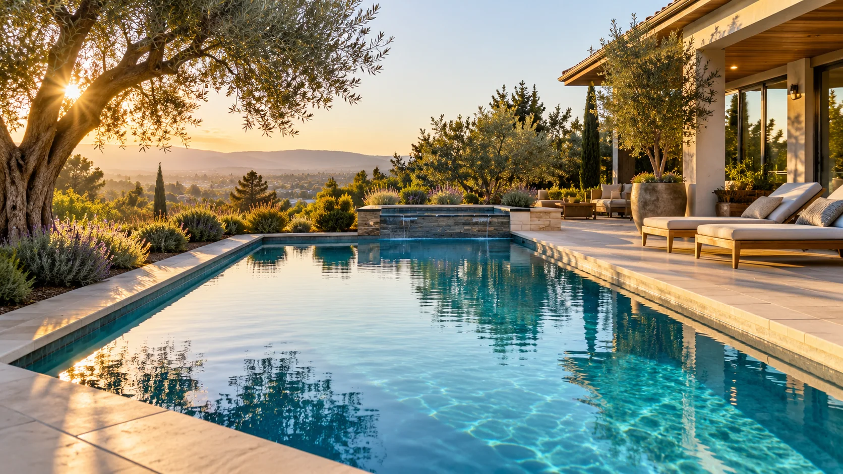 Sunlit California backyard pool with clear blue water and pale stone coping