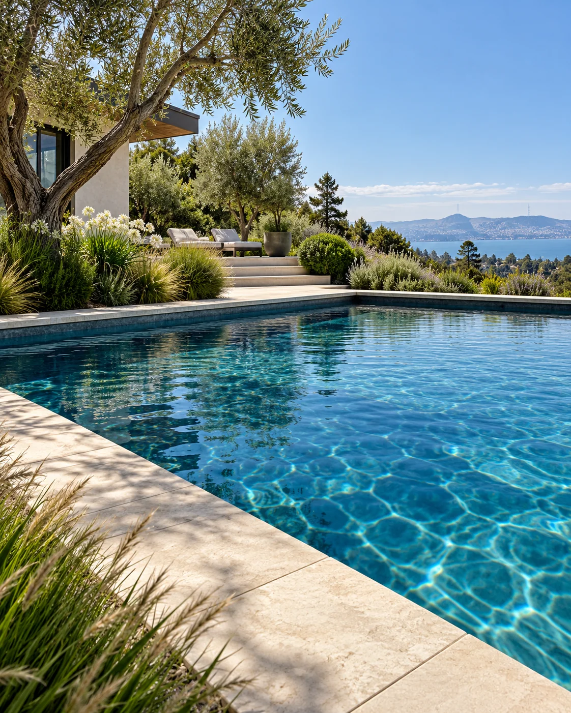 Calm backyard pool framed by California landscaping